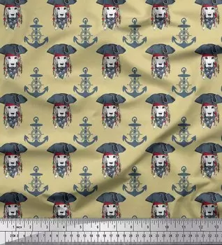 Soimoi Japan креп-атласная ткань с якорным крючком, корабельное колесо и пиратская бигль-лицо с принтом собаки ткань 1 метр 42 дюйма 42 Inch Wide - Poly Crepe бежевый