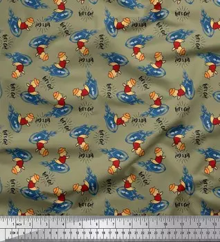 Soimoi Japan креп-атласная ткань с текстом, мячом для регби и птицей, мультяшный принт, швейная ткань, метр 42 дюйма 42 Inch Wide - Poly Crepe зелёный