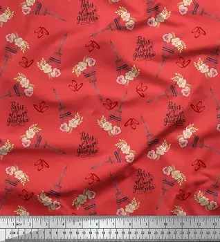 Soimoi Japan креп-атласная ткань с текстом, цветочным принтом и Эйфелевой башней, архитектурный принт, швейная ткань, метр 42 дюйма 42 Inch Wide - Poly Crepe зелёный