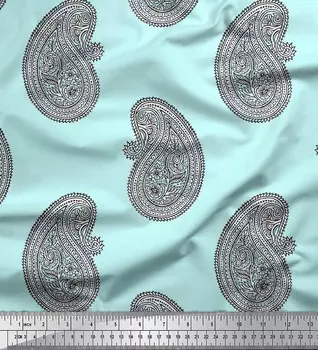 Soimoi Japan Креп-Атласная Ткань Ткань с блочным принтом Пейсли по метрам 42 дюйма 42 Inch Wide - Poly Crepe синий