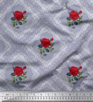 Soimoi Japan креп-атласная ткань в клетку, листья и розовые цветочные принты на метр 42 дюйма 42 Inch Wide - Poly Crepe зелёный