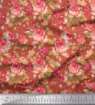 Soimoi Japan креп-атласная ткань в клетку, листья и розы с цветочным принтом, швейная ткань, метр 42 дюйма 42 Inch Wide - Poly Crepe бежевый