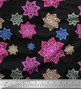 Soimoi Japan Креп-сатин Ткань с цветочным этническим принтом Ткань по метрам 42 дюйма 42 Inch Wide - Poly Crepe чёрный