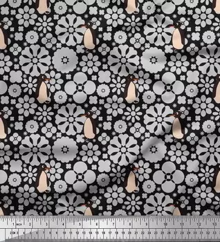 Soimoi Japan креп-сатин ткань с цветочным принтом и пингвинами и океаном 1 метр 42 дюйма 42 Inch Wide - Poly Crepe золотой