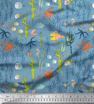 Soimoi Japan креп-сатин ткань с коралловым, страфишем и морским коньком ткань с океанским принтом 1 метр 42 дюйма 42 Inch Wide - Poly Crepe синий