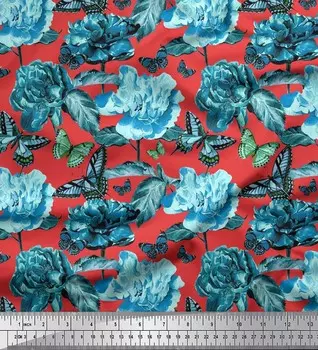 Soimoi Japan креп-сатин ткань с листьями, бабочками и пионами, ткань с цветочным принтом, 1 метр 42 дюйма 42 Inch Wide - Poly Crepe фиолетовый