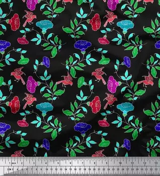 Soimoi Japan креп-сатин ткань с листьями, птицами и цветочным художественным принтом ткань по метрам 42 дюйма 42 Inch Wide - Poly Crepe серый