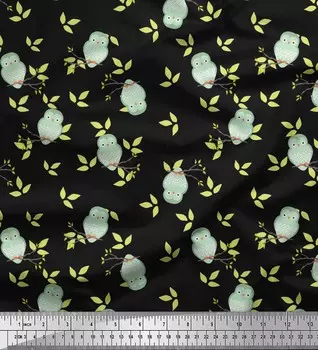 Soimoi Japan креп-сатин ткань с принтом листьев и совы и птиц 1 метр 42 дюйма 42 Inch Wide - Poly Crepe зелёный