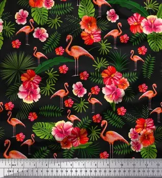 Soimoi Japan креп-сатин ткань с тропическими листьями, цветами и фламинго с принтом птиц 1 метр 42 дюйма 42 Inch Wide - Poly Crepe коричневый