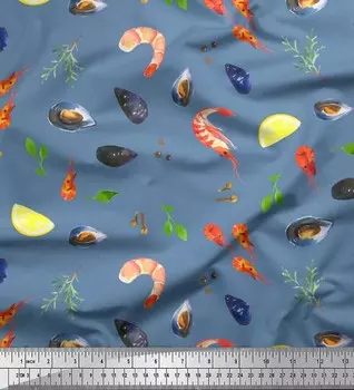 Soimoi Japan креп-сатиновая ткань с драгоценными камнями, ломтиками лимона и креветками, ткань с пищевым принтом, 42 дюйма на метр 42 Inch Wide - Poly Crepe синий