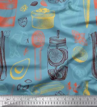 Soimoi Японский креп-сатин с принтом овощей, банок и чашек, ткань для рукоделия по метрам, 42 дюйма 42 Inch Wide - Poly Crepe синий