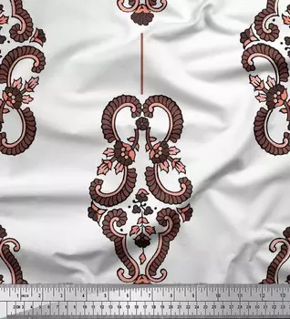 Soimoi Коричневая японская креп-атласная ткань в полоску, листья и цветочный блочный принт Ткань по метрам 42 дюйма 42 Inch Wide - Poly Crepe коричневый