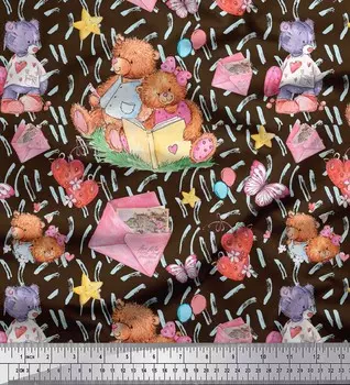 Soimoi Коричневая японская креп-сатиновая ткань с принтом «плюшевый мишка и сердечки» для детей, ткань для рукоделия по метрам, 42 дюйма 42 Inch Wide - Cotton Voile коричневый