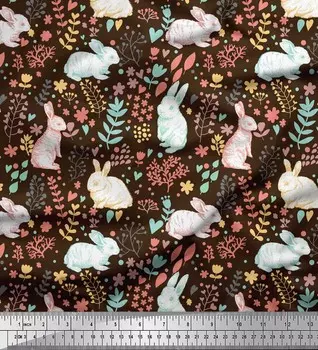 Soimoi коричневый японский креп-атласная ткань с листьями и кроликом с животным принтом, швейная ткань, метр 42 дюйма 42 Inch Wide - Poly Crepe коричневый