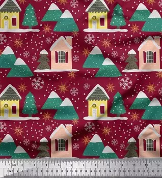 Soimoi красная японская креп-атласная ткань с набивным рисунком «дом и горы» 1 метр 42 дюйма 42 Inch Wide - Poly Crepe фиолетовый