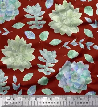 Soimoi красный японский креп-атласная ткань с листьями ясеня и камелии японской с цветочным принтом, швейная ткань, метр 42 дюйма 42 Inch Wide - Poly Crepe красный