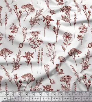 Soimoi красный японский креп-сатин с листьями и примулой, цветочный декор, ткань с принтом, метр, 42 дюйма 42 Inch Wide - Cotton Voile красный