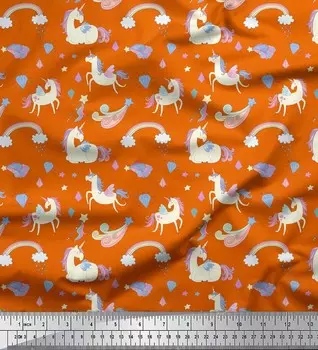 Soimoi оранжевый японский креп-сатин ткань Радуга и Единорог с животным принтом 1 метр 42 дюйма 42 Inch Wide - Poly Crepe оранжевый