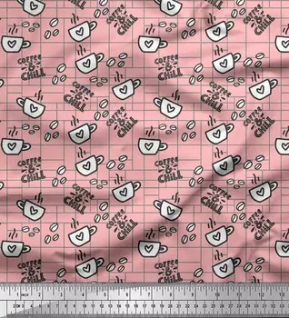 Soimoi Pink Japan Crepe Satin Fabric Coffee & Chill Text Print Швейная ткань метр 42 дюйма 42 Inch Wide - Poly Crepe розовый