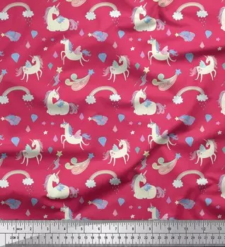 Soimoi Pink Japan Crepe Satin Fabric Rainbow & Unicorn Animal Print Fabric на метр 42 дюйма 42 Inch Wide - Poly Crepe розовый