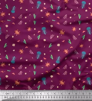 Soimoi Pink Japan Crepe Satin Ткань с принтом краба и медузы, океан, 1 метр 42 дюйма 42 Inch Wide - Poly Crepe фиолетовый