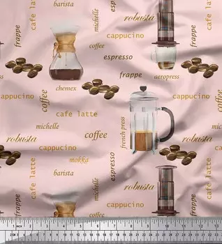 Soimoi Pink Japan Crepe Satin Ткань с текстом и кофеваркой Кухонная ткань с принтом 1 метр 42 дюйма 42 Inch Wide - Poly Crepe розовый