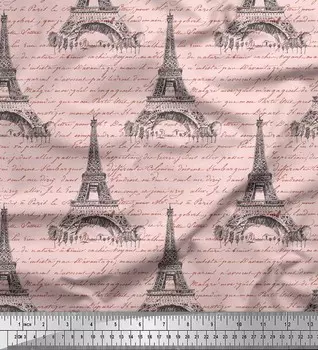 Soimoi Pink Japan Crepe Satin Ткань Текст и Эйфелева башня Архитектурная ткань с принтом 1 метр 42 дюйма 42 Inch Wide - Poly Crepe розовый