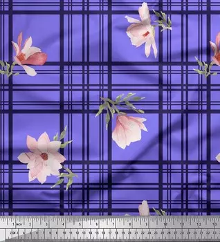 Soimoi Purple Japan Crepe Satin Fabric Check & Magnolia Floral Decor Fabric Printed metre 42 Inch 42 Inch Wide - Poly Crepe фиолетовый