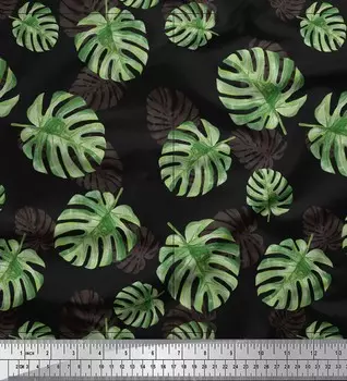 Soimoi Purple Japan Crepe Satin Fabric Monstera Leaves Print Fabric by the metre 42 Inch 42 Inch Wide - Poly Crepe чёрный