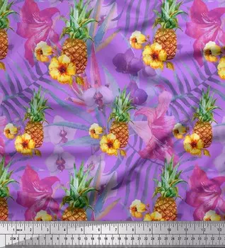 Soimoi Purple Japan Креп Атласная Ткань Ткань Лилия и Сосна Фрукты Принт Ткань по метру 42 дюйма 42 Inch Wide - Poly Crepe фиолетовый