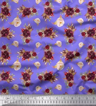 Soimoi Purple Poly Snap Ткань Листья и Роза Цветочный Принт Ткань 1 Метр 42 Дюйма 42 Inch Wide - Poly Crepe фиолетовый