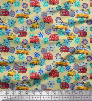 Soimoi японский креп-атласная ткань с художественным цветочным принтом и школьным автобусом, детская швейная ткань с принтом, метр 42 дюйма 42 Inch Wide - Poly Crepe бежевый
