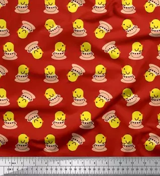 Soimoi, японский креп-сатин, чашка, тарелка и цыпленок с мультяшным принтом на метр, 42 дюйма 42 Inch Wide - Poly Crepe красный