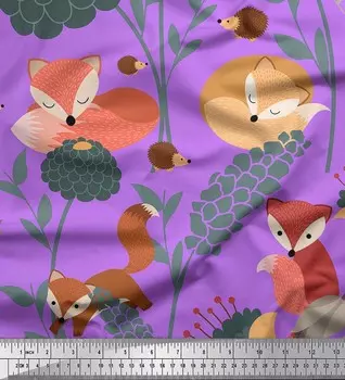 Soimoi японский креп-сатин с цветочным принтом, дикобразом и лисой, ткань с мультяшным принтом, 1 метр, 42 дюйма 42 Inch Wide - Poly Crepe зелёный