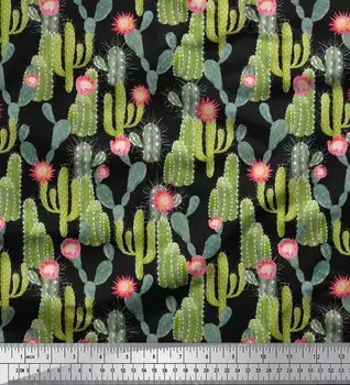 Soimoi японский креп-сатин ткань Protea Flower & Cactus Tree Decor ткань с принтом метр 42 дюйма 42 Inch Wide - Poly Crepe синий