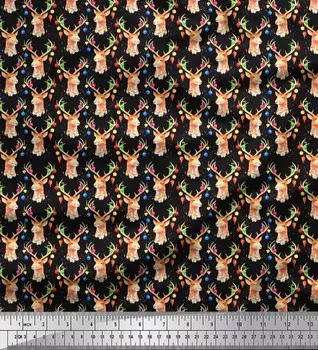 Soimoi японский креп-сатин ткань рождественские безделушки и лицо оленя животное Декор ткань с принтом метр 42 дюйма 42 Inch Wide - Poly Crepe зелёный