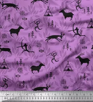 Soimoi японский креп-сатин ткань с изображением оленей, палаток и людей в африканском стиле, ткань с принтом, 42 дюйма 42 Inch Wide - Poly Crepe фиолетовый