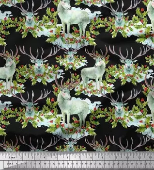 Soimoi японский креп-сатин ткань с красными ягодами, листьями падуба и оленями, декоративная ткань в виде животных, ткань с принтом, 42 дюйма 42 Inch Wide - Poly Crepe коричневый