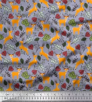 Soimoi японский креп-сатин ткань с листьями и оленями для декора животных ткань с принтом метр 42 дюйма 42 Inch Wide - Poly Crepe серый