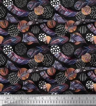 Soimoi, японский креп-сатин, ткань с мазками и перьями, африканский декор, ткань с принтом, метр, 42 дюйма 42 Inch Wide - Poly Crepe синий