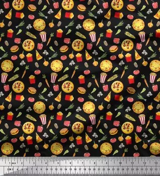 Soimoi, японский креп-сатин, ткань с принтом овощей, гамбургеров и пиццы, еда, 1 метр, 42 дюйма 42 Inch Wide - Poly Crepe серый