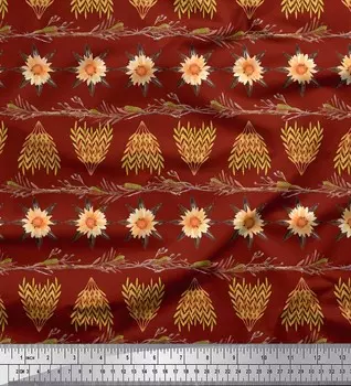 Soimoi Red Poly Crepe Fabric Листья и ткань с цветочным принтом подсолнуха на метр 42 дюйма 42 Inch Wide - Poly Crepe красный