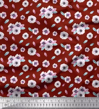 Soimoi Red Poly Snap Fabric Feathers & Anemone Цветочный принт Швейная ткань 1 метр 42 дюйма 42 Inch Wide - Poly Crepe красный
