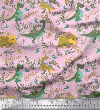 Soimoi розовый японский креп-сатин ткань динозавр и листья красного дерева декоративная ткань с принтом метр 42 дюйма 42 Inch Wide - Poly Crepe розовый