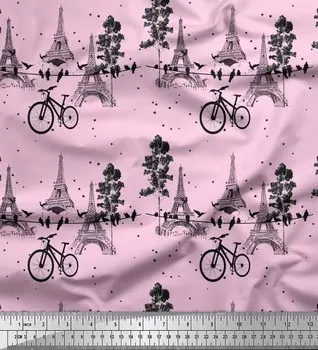 Soimoi розовый японский креп-сатин ткань для шитья велосипеда и Эйфелевой башни с архитектурным принтом, метр 42 дюйма 42 Inch Wide - Poly Crepe розовый