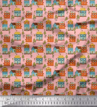 Soimoi Розовый Япония Креп Атласная Ткань Дерево & Дом Архитектурная Печатная Ткань 1 метр 42 дюйма 42 Inch Wide - Poly Crepe розовый