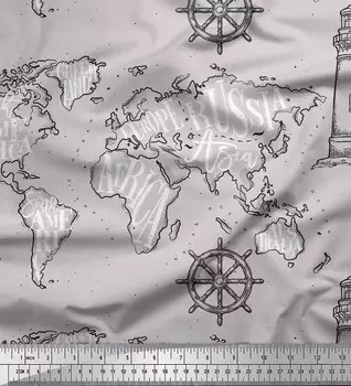 Soimoi серая японская креп-атласная ткань направление компас и маяк карта принт швейная ткань метр 42 дюйма 42 Inch Wide - Poly Crepe серый