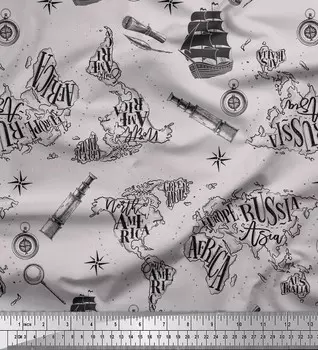 Soimoi серая японская креп-атласная ткань пиратский корабль и карта телескопа печатная ткань для рукоделия на метр 42 дюйма 42 Inch Wide - Poly Crepe серый