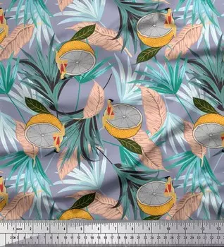 Soimoi серая японская креп-атласная ткань с принтом тропических листьев, ломтиками лимона и овощами для рукоделия на метр 42 дюйма 42 Inch Wide - Poly Crepe фиолетовый