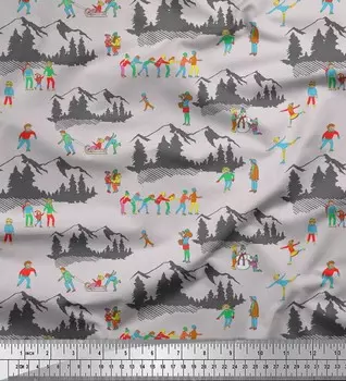 Soimoi Серая японская креп-сатиновая ткань с изображением людей, саней и гор, праздничный декор, напечатанная метр 42 дюйма 42 Inch Wide - Poly Crepe светло-серый